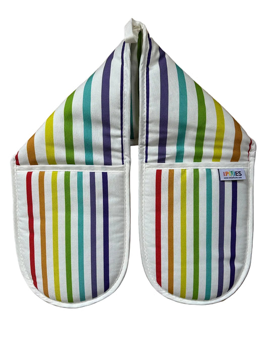 sample wide rainbow stripe oven gloves