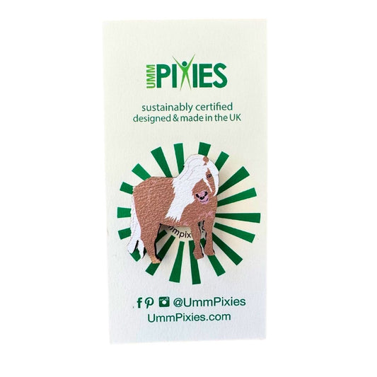 Shetland Pony wooden pin badge on display card