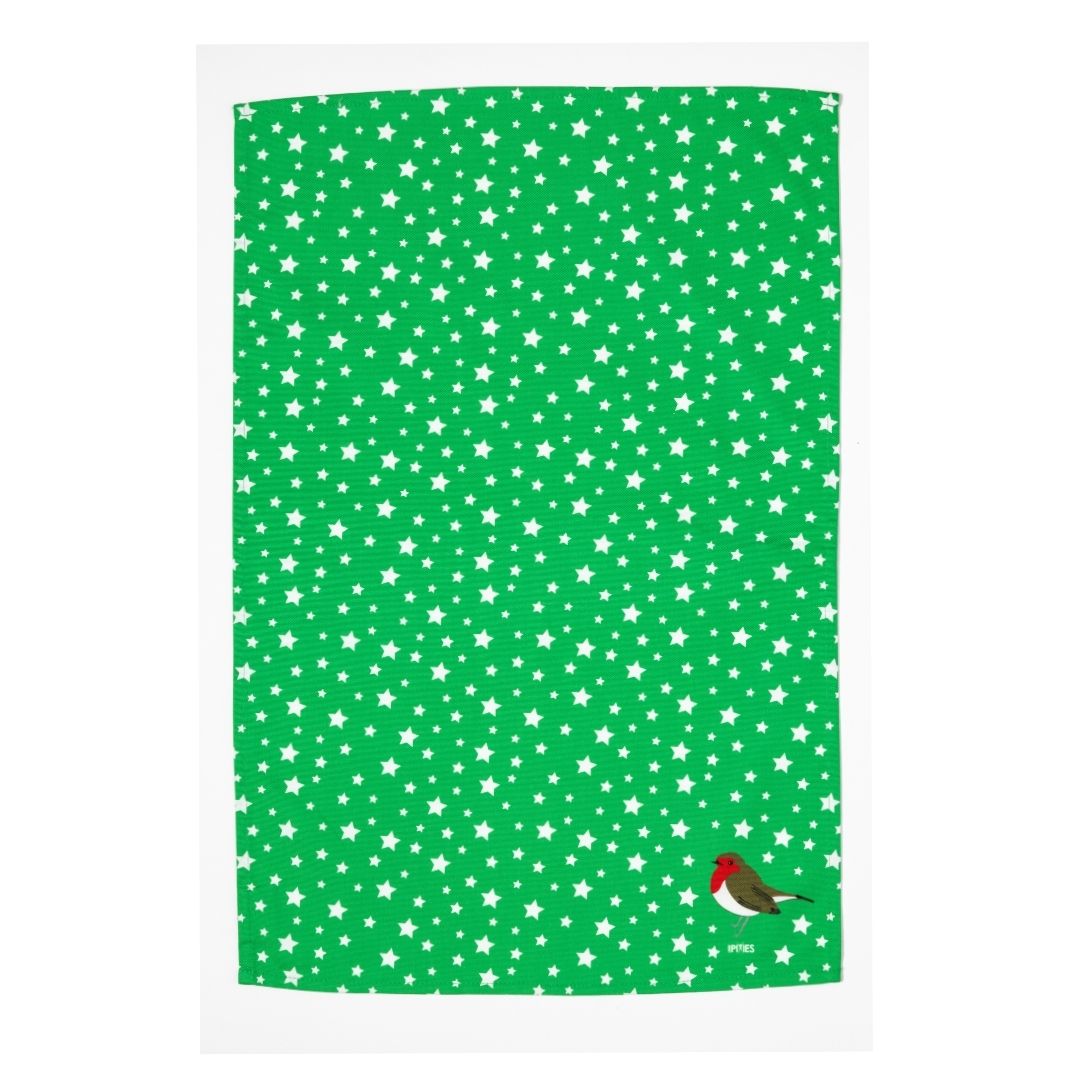 Limited Edition Festive Green Robin & Stars Colourful Tea towel