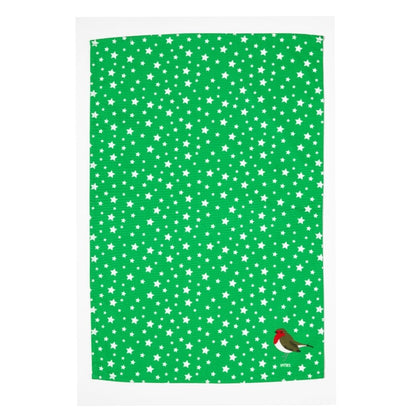 Limited Edition Festive Green Robin & Stars Colourful Tea towel