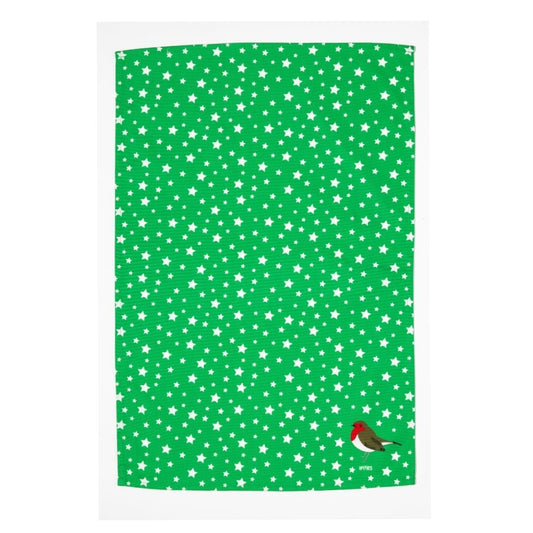 Limited Edition Festive Green Robin & Stars Colourful Tea towel