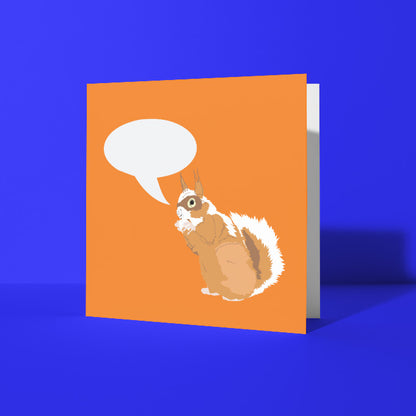 Orange Card with a squirrel illustration and speech bubble on an blue background
