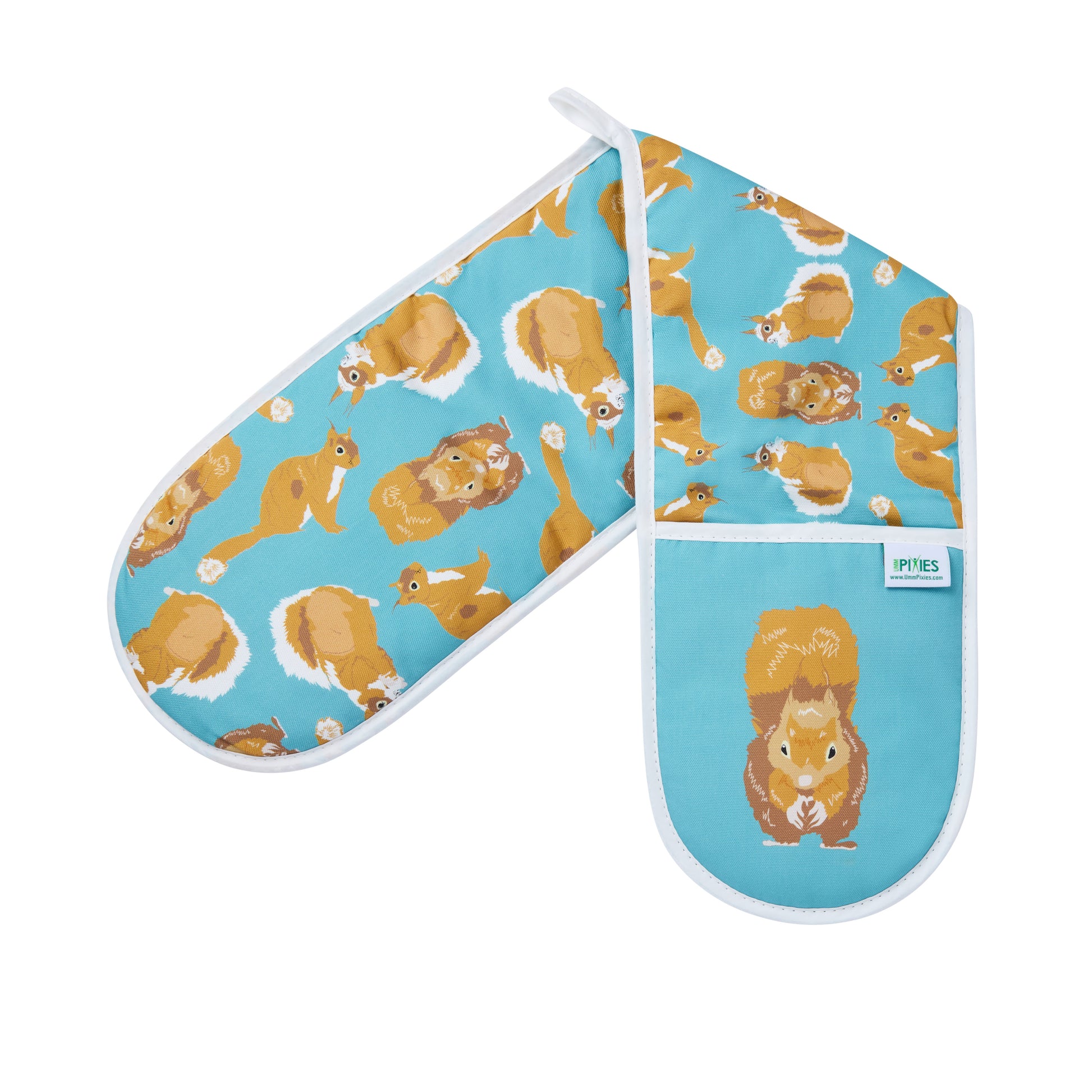 Oven mitt and pot holder with squirrel pattern on a blue background