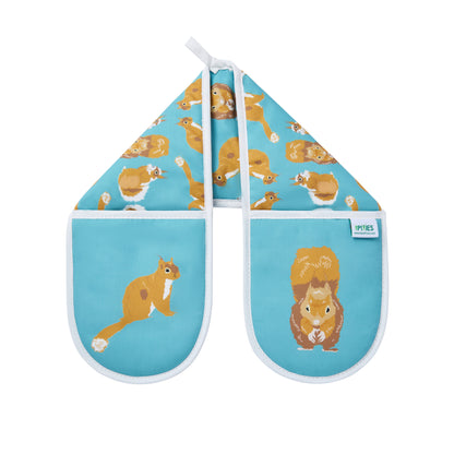 Oven mitt and pot holder with squirrel design on a blue background