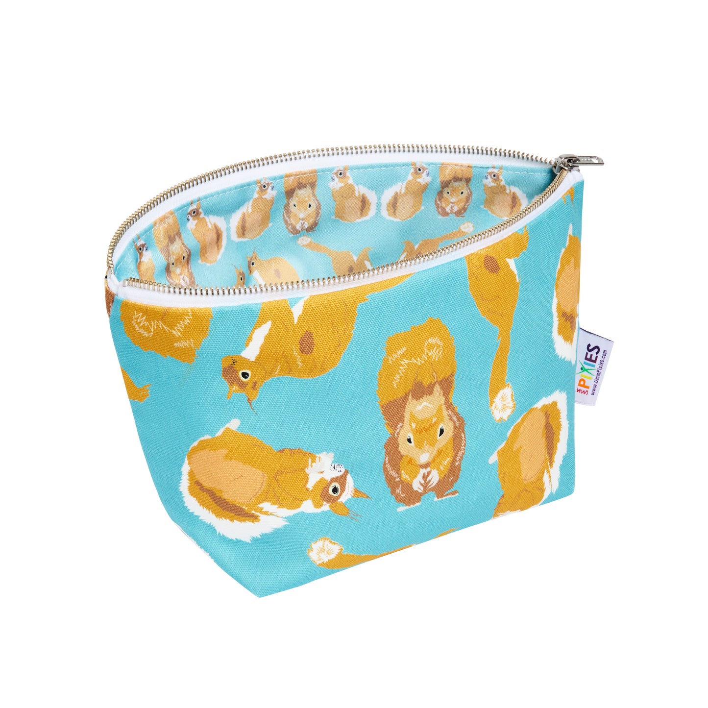 Zipper pouch with squirrel pattern on a blue background