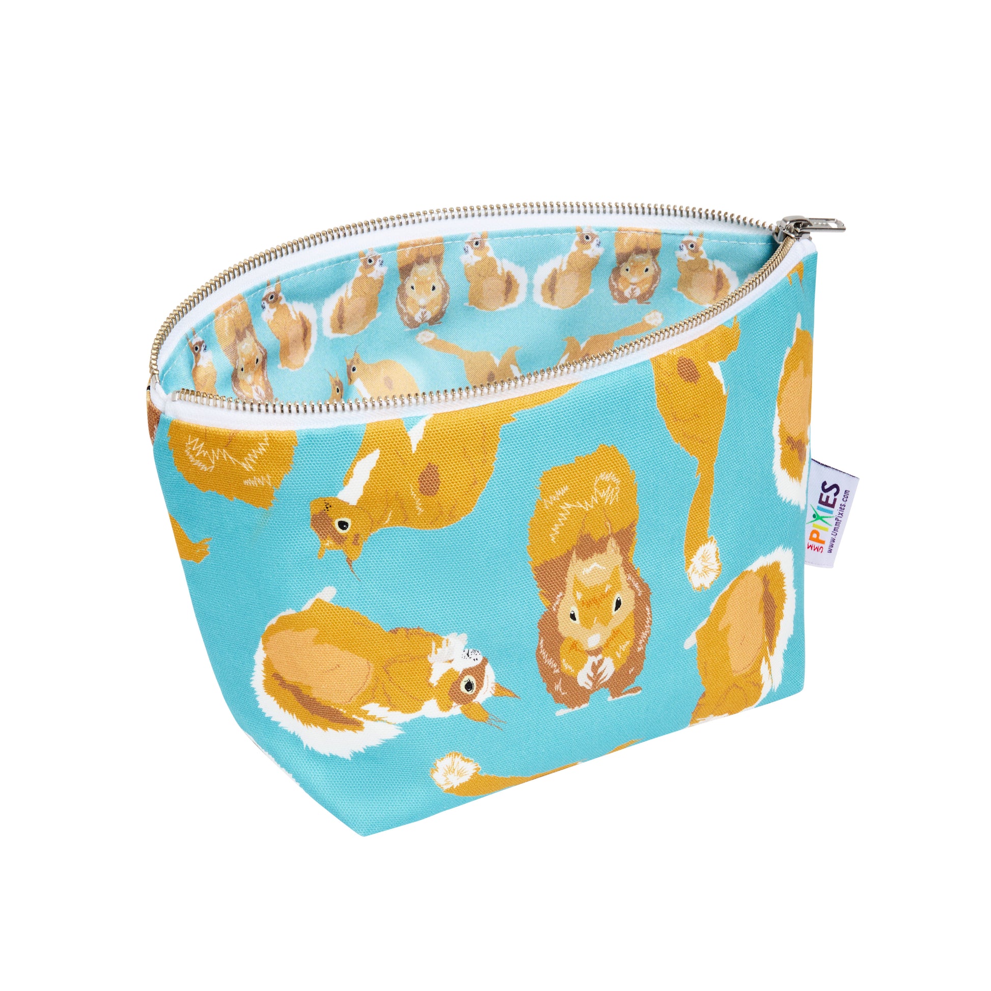 Zipper pouch with squirrel pattern on a blue background