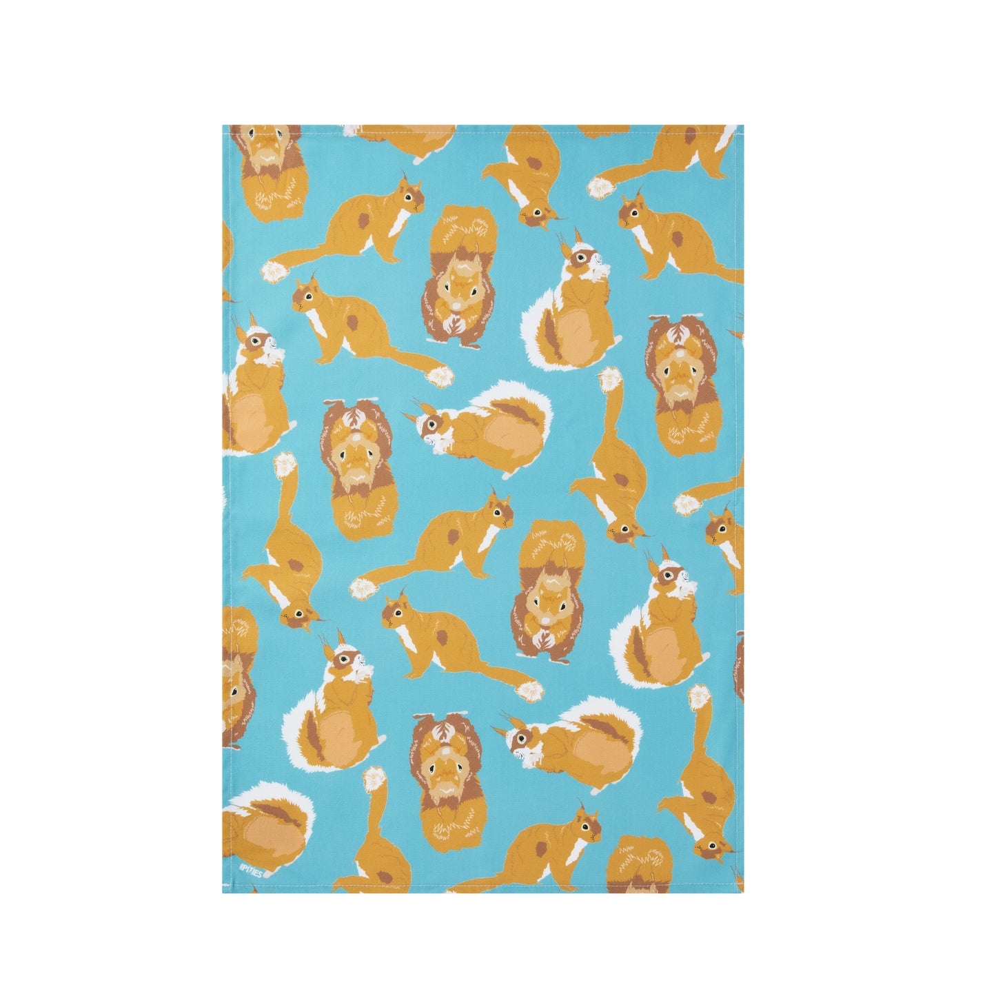 Luxury organic cotton tea towel printed with pattern of squirrels on a blue background