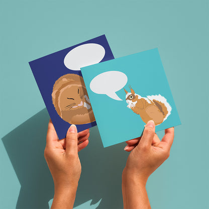 Hands holding a red squirrel and a dormouse greetings card