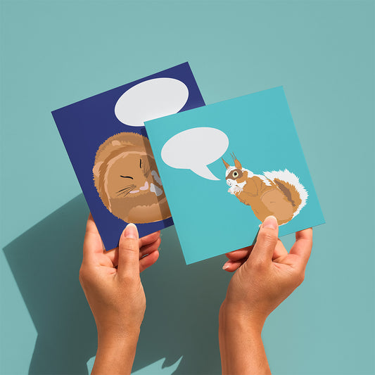 Hands holding a red squirrel and a dormouse greetings card