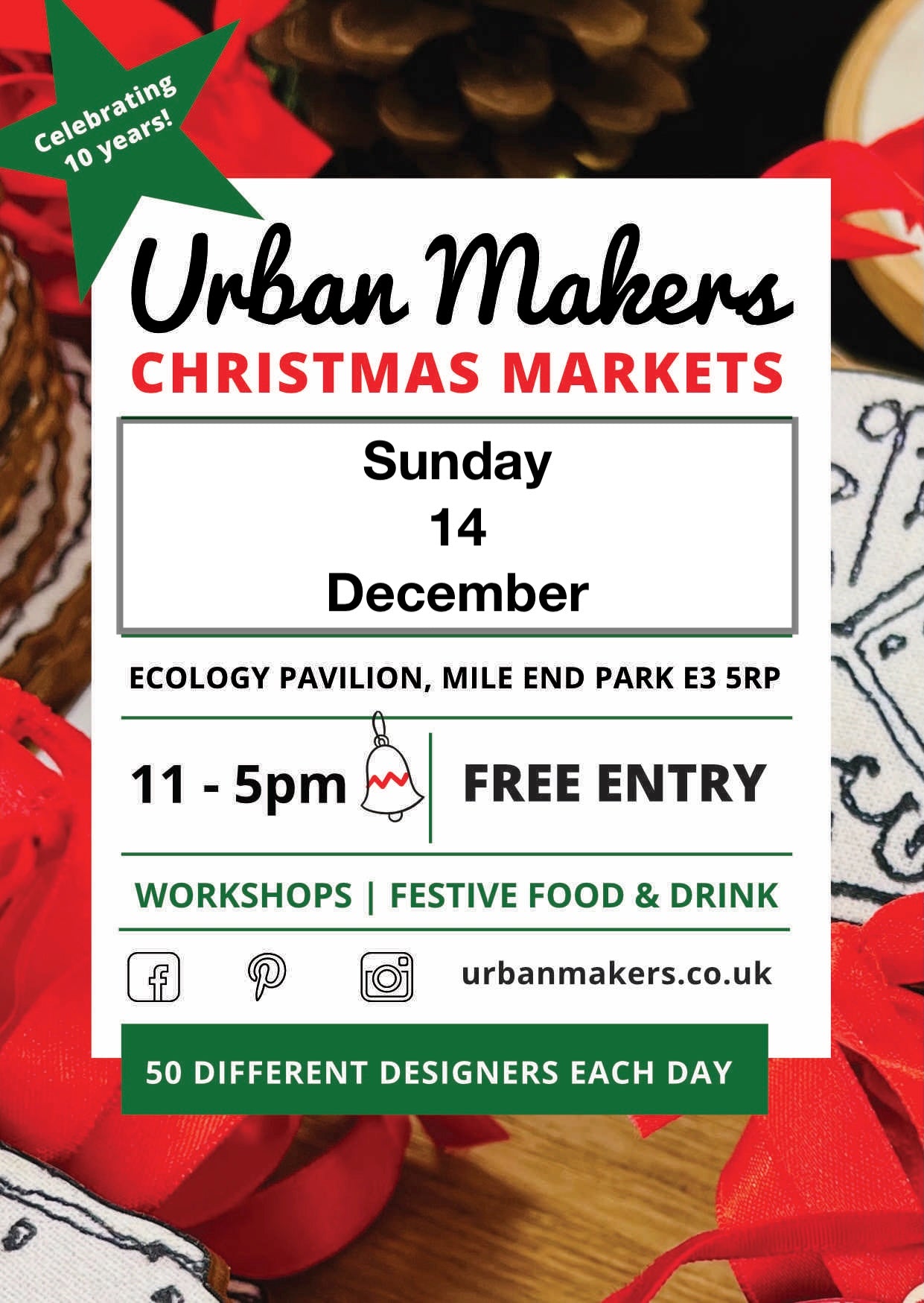 Promotional poster for Urban Makers Christmas Markets with event details.
