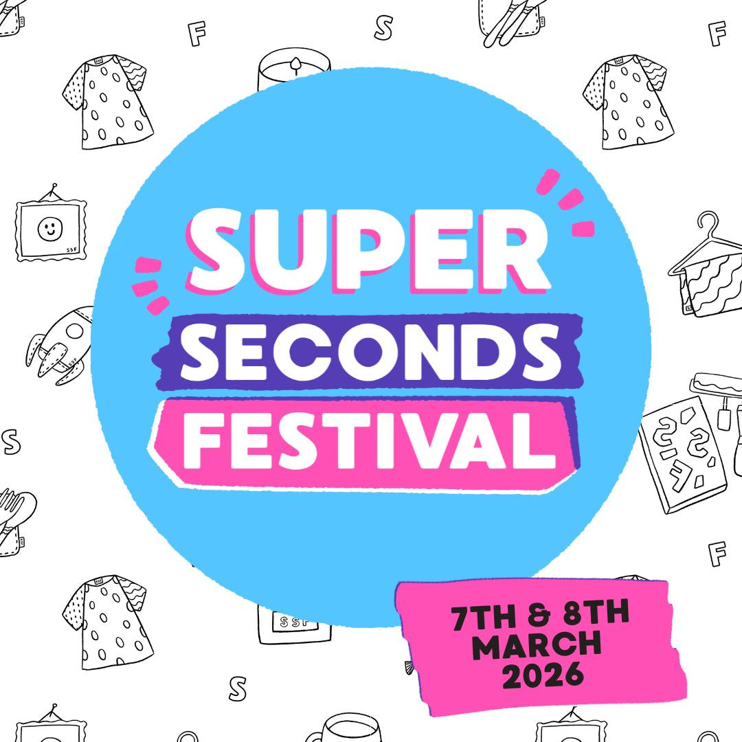 Promotional poster for Super Seconds Festival with event date on a white background with icons.