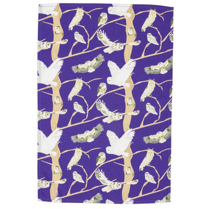 Purple organic cotton tea towel with pattern featuring the 5 species of native British owls. Great gift for bird lovers and wildlife fans, illustrations include the barn owl, tawny owl and more
