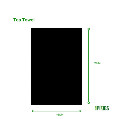 Silhouetted UmmPicies cotton tea towel showing dimensions 46cm x 71cm on a white background