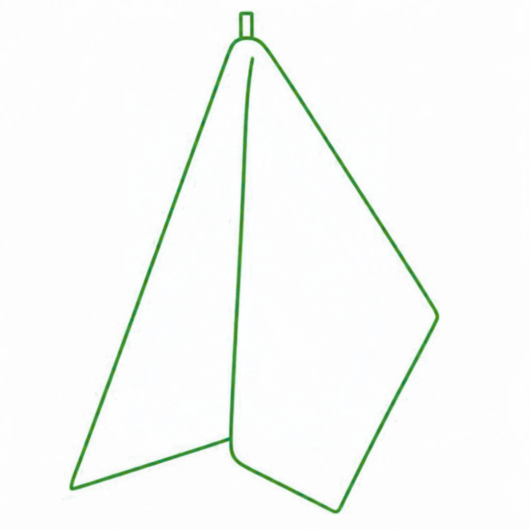 A green line drawing of a hnaging tea towel on a white background
