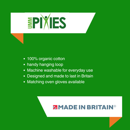 UmmPixies Tea Towel product features description on a green background with brand logo.