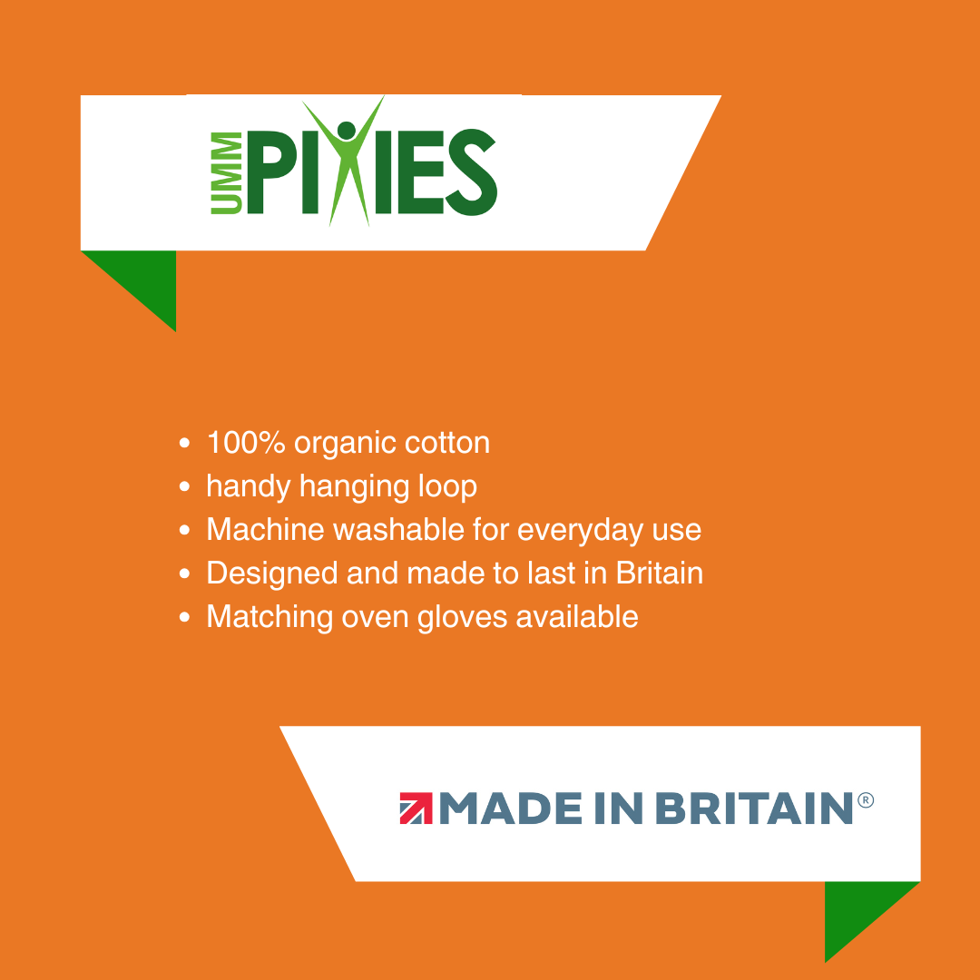 UmmPixies Tea Towel product features description on an orange background with brand logo.