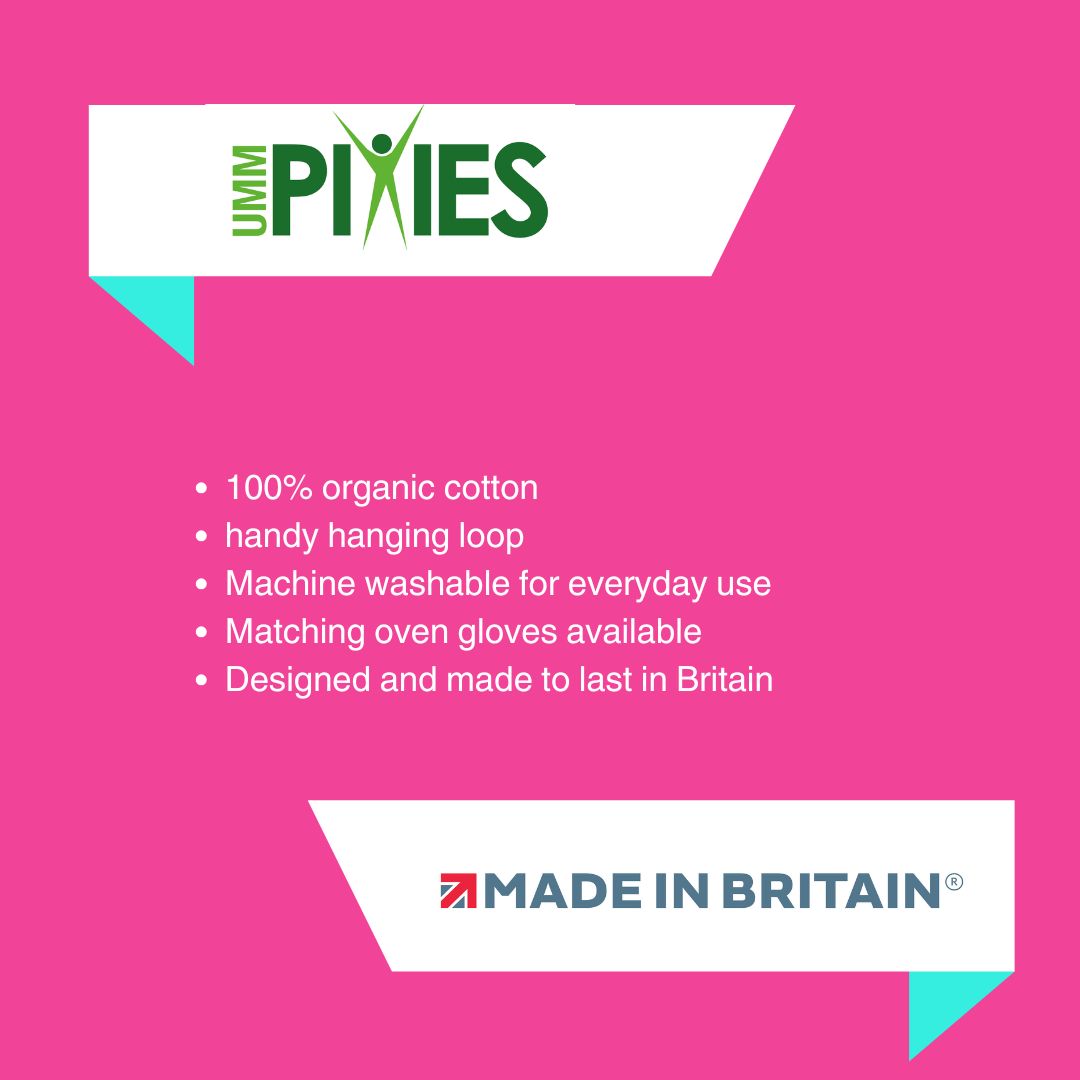 Product information card for UmmPixies organic cotton tea towel