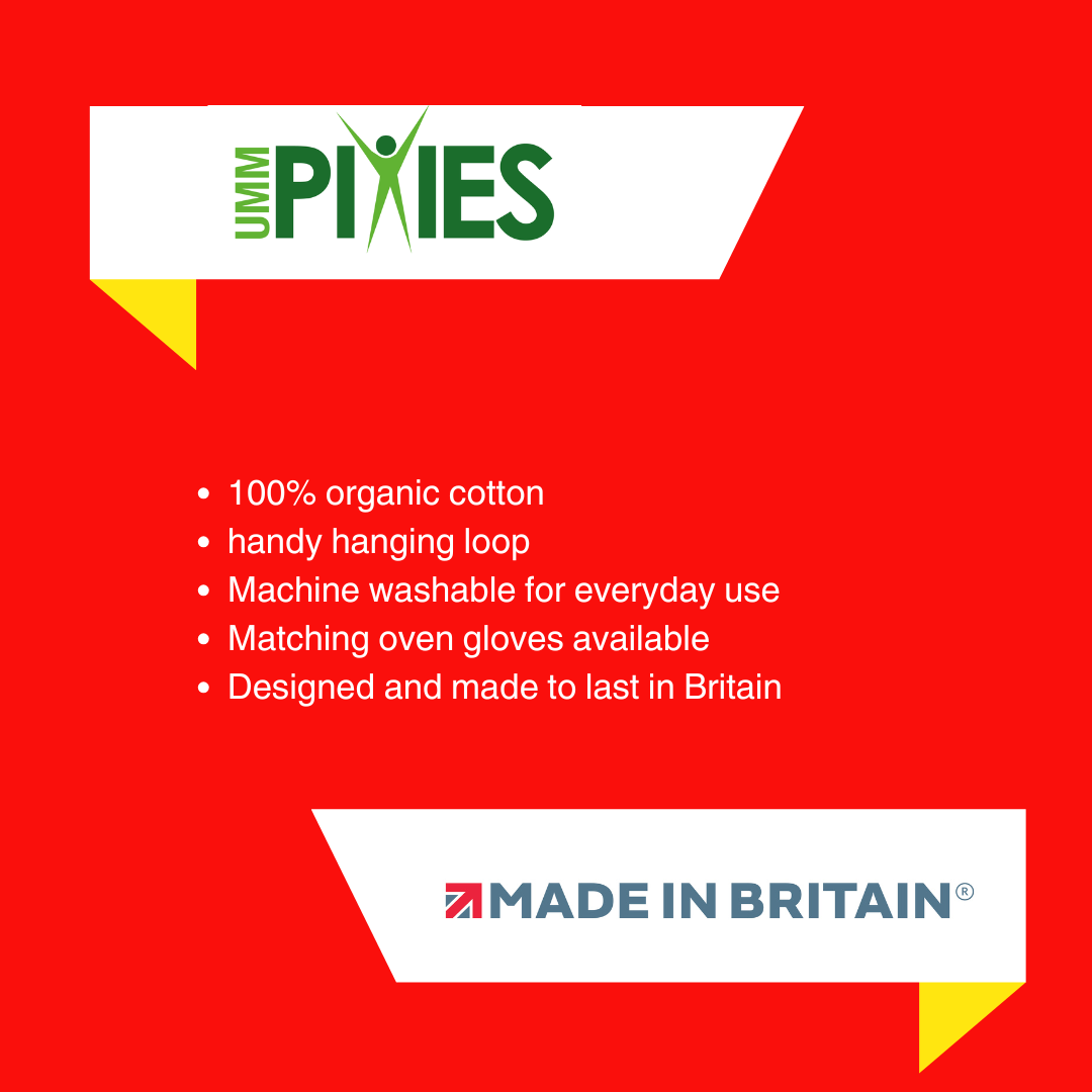 UmmPixies Tea towel product features description on a red background with brand logo.