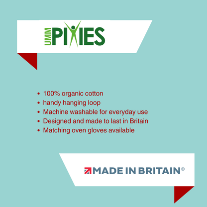 UmmPixies Tea Towel product features description on a teak background with brand logo.