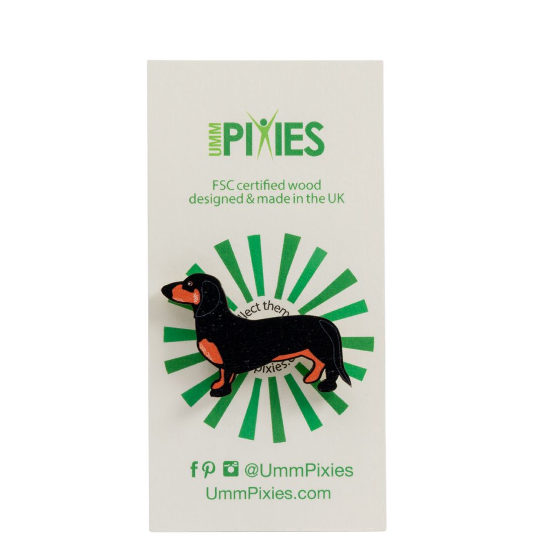 Dachshund Dog wooden pin badge  - Black and Tan