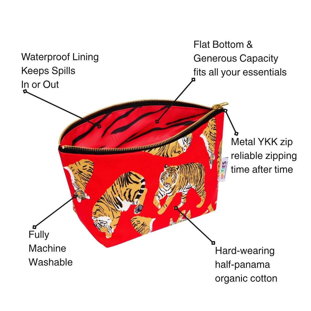 Red pouch with tiger pattern and features listed on a white background