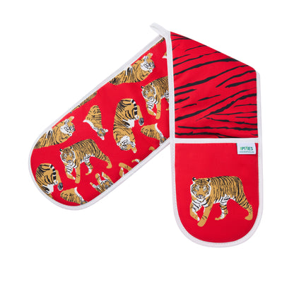 Red oven mitt with tiger pattern on a white background