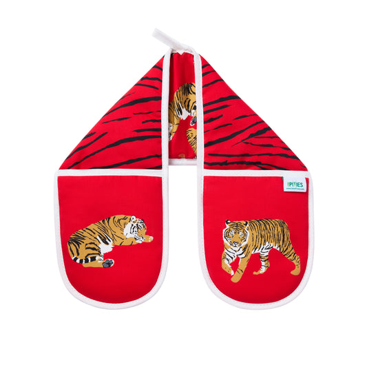 Red oven gloves with tiger design on a white background