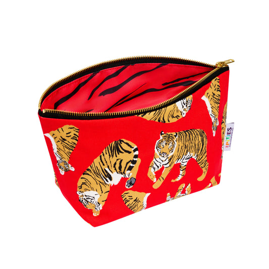 Red pouch with tiger pattern on a white background
