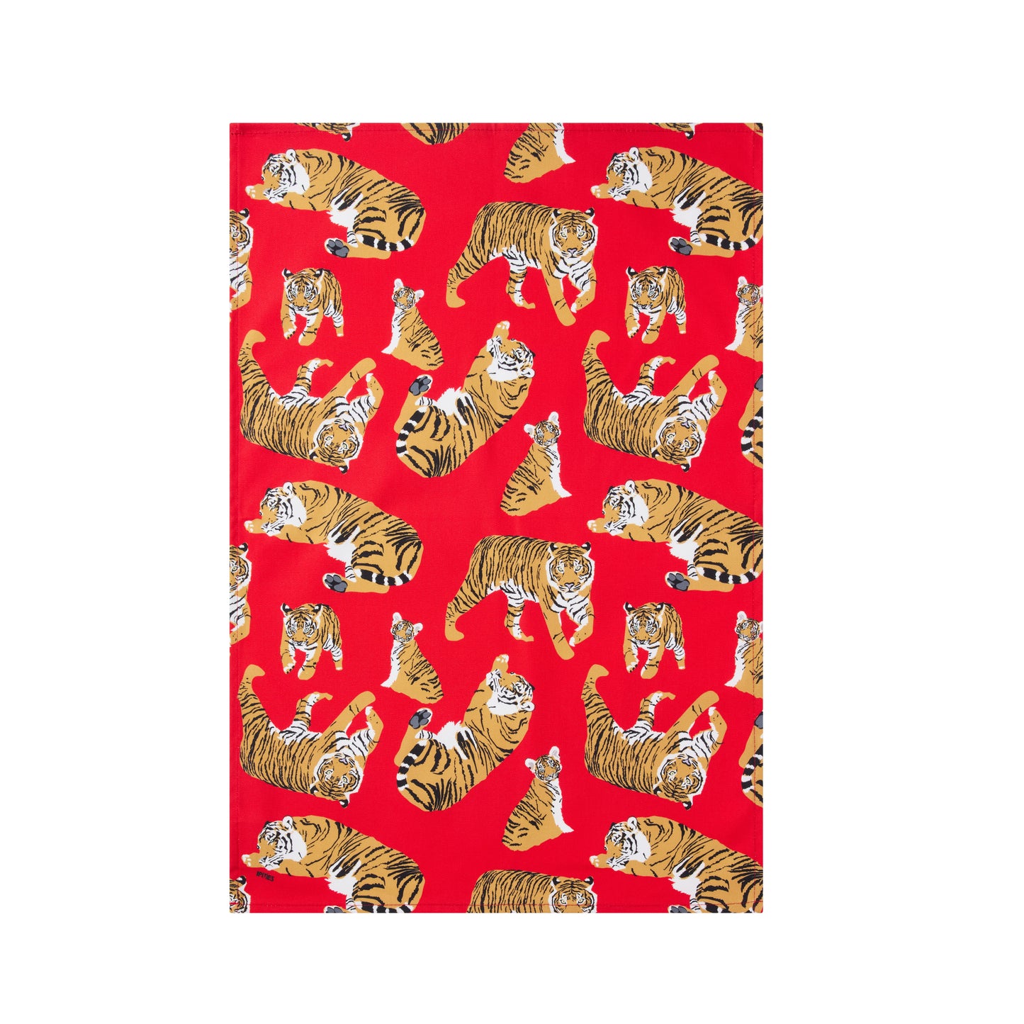 Red cotton tea towel with a pattern of tigers on a white background