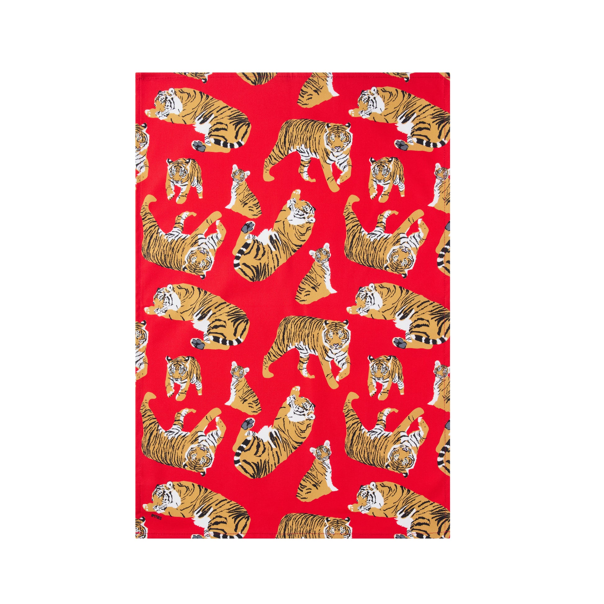 Red cotton tea towel with a pattern of tigers on a white background