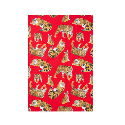 Red cotton tea towel with a pattern of tigers on a white background