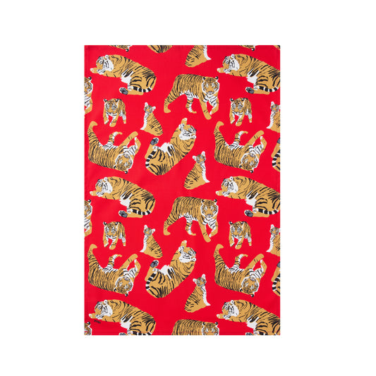 Red cotton tea towel with a pattern of tigers on a white background