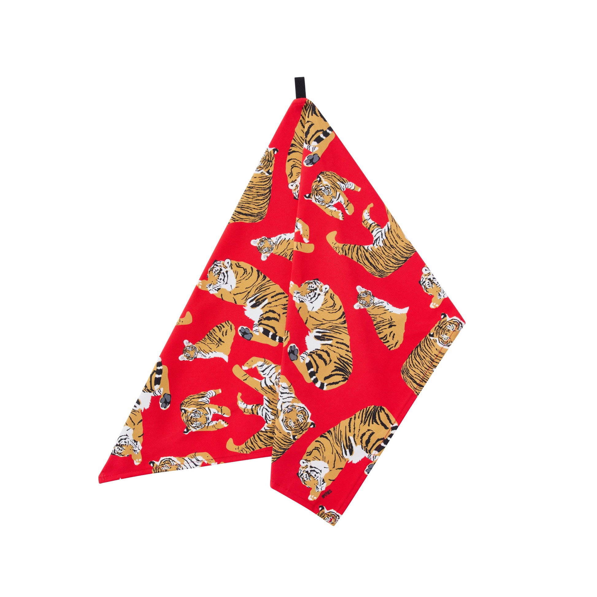 Red kitchen towel with tiger pattern on a white background
