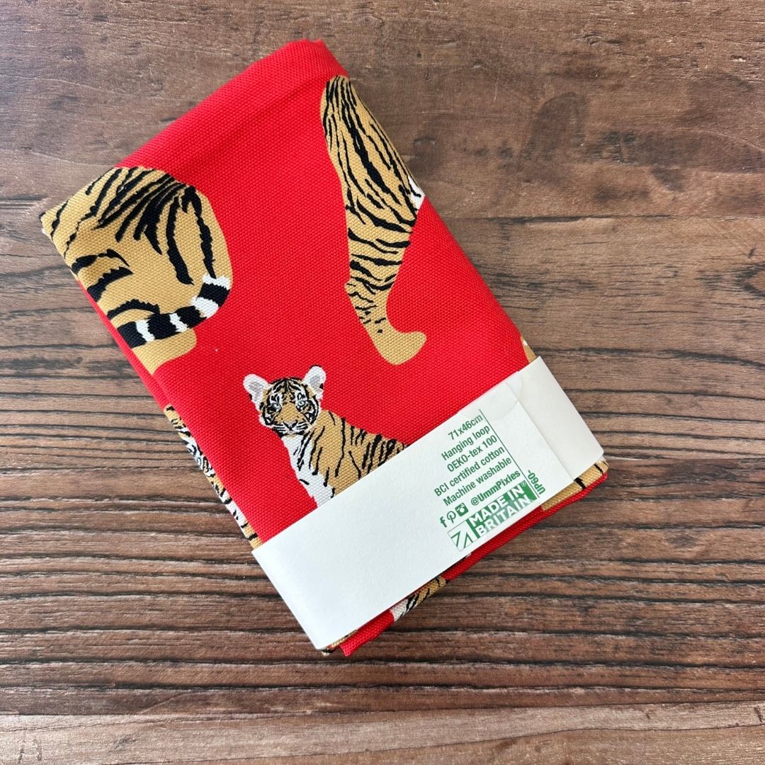 Bright red Tigers design organic cotton tea towel