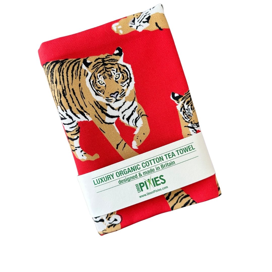 Bright red Tigers design organic cotton tea towel