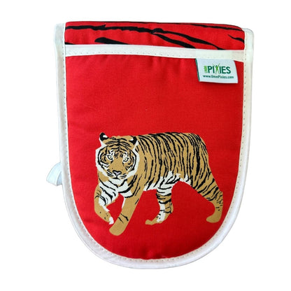 Close up of Left Mitt of Red Tigers design organic cotton oven gloves