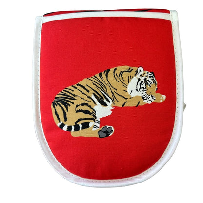 Close up of Right Mitt of Red Tigers design organic cotton oven gloves