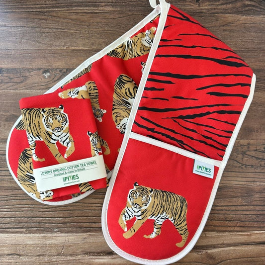 Bright red Tigers design organic cotton oven gloves and matching tea towel