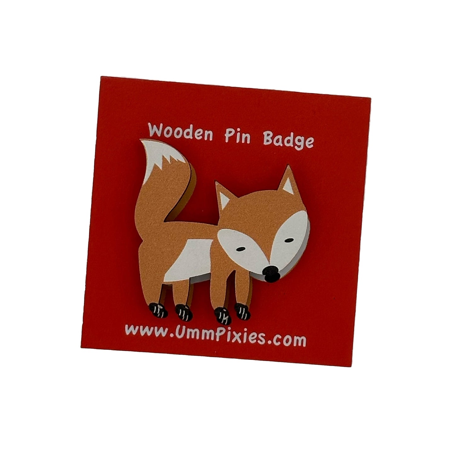 Walking Fox Wooden pin badge shown on display card