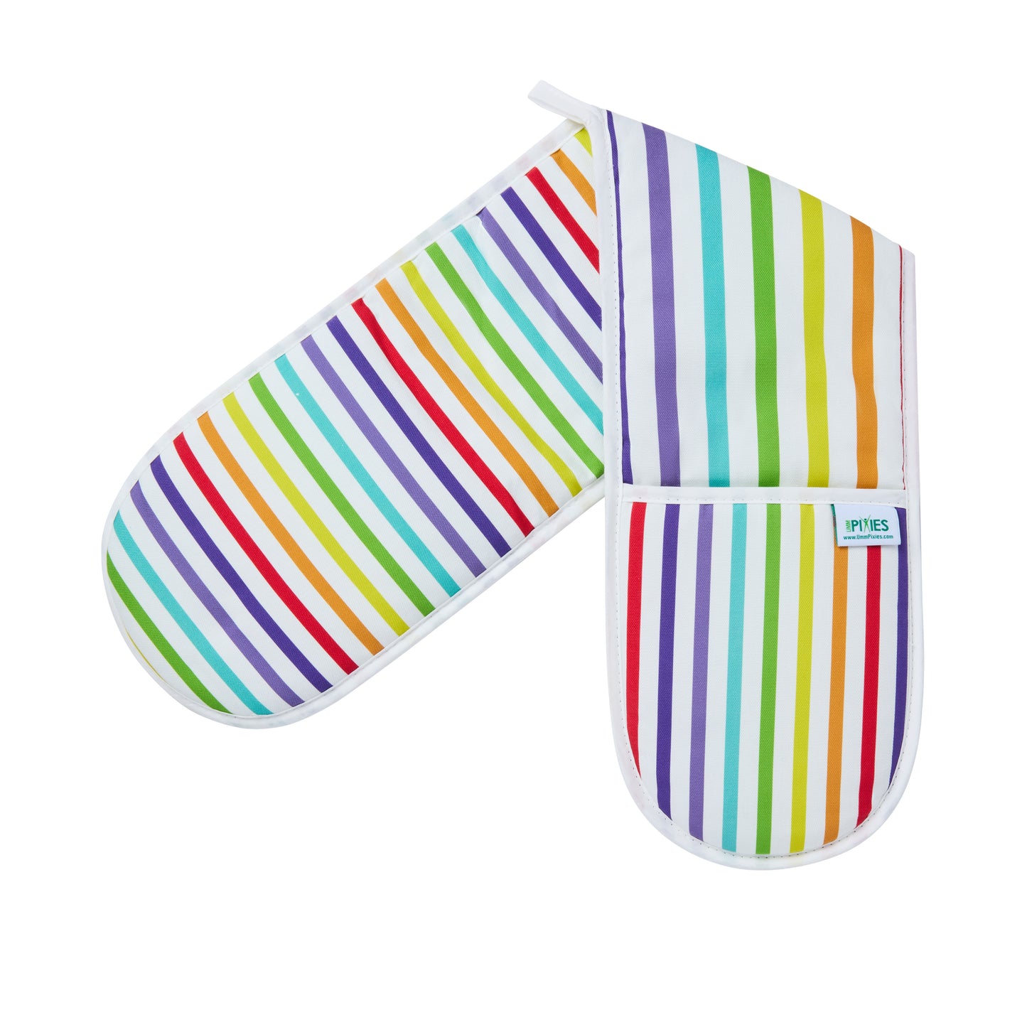 Pair of colourful wide rainbow striped organic cotton oven mitts shown on a white background
