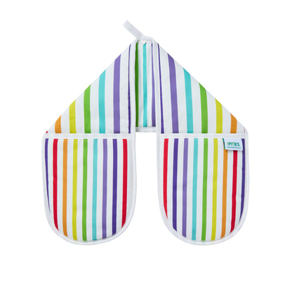 Pair of colourful wide rainbow striped organic cotton oven mitts shown on a white background