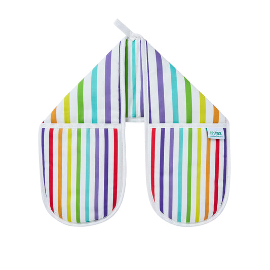 Pair of colourful wide rainbow striped organic cotton oven mitts shown on a white background