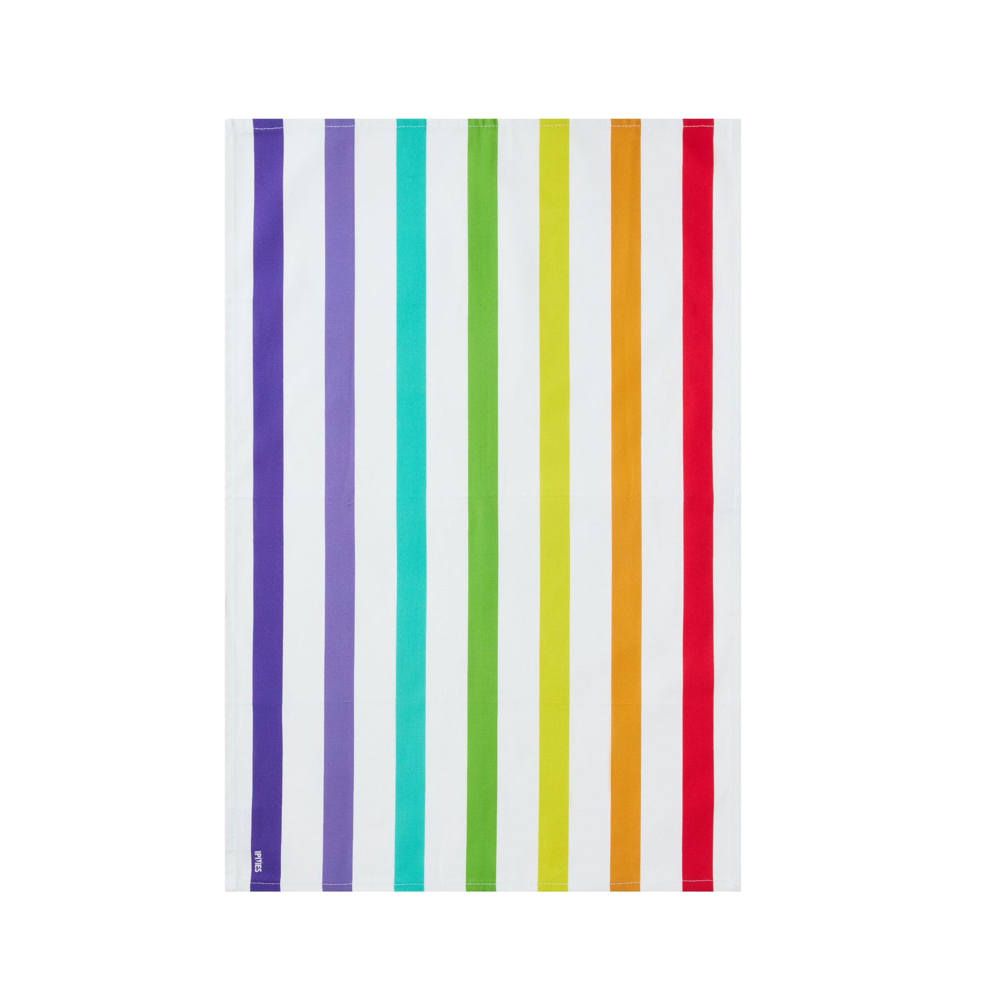 Colorful striped towel with vertical purple, green, yellow, and red stripes on a white background