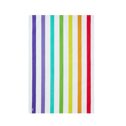 Colorful striped towel with vertical purple, green, yellow, and red stripes on a white background