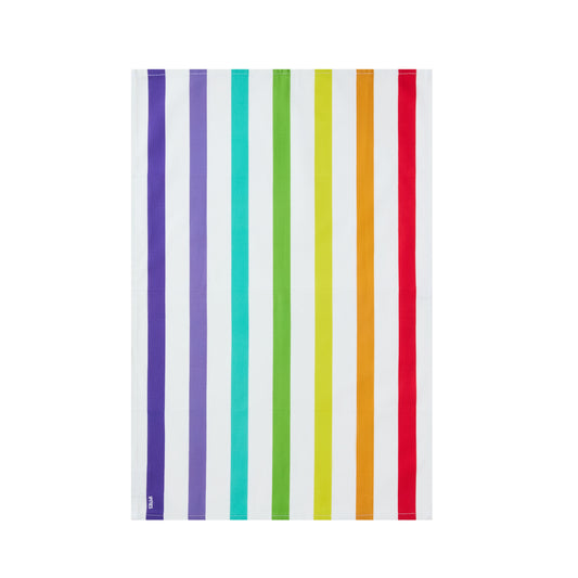 Colorful striped towel with vertical purple, green, yellow, and red stripes on a white background