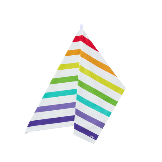 Colorful striped towel with rainbow pattern on a white background