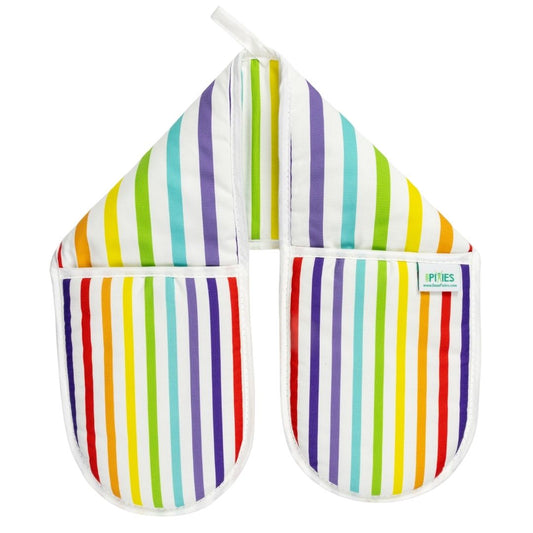 Pair of colourful wide rainbow striped organic cotton oven mitts shown on a white background