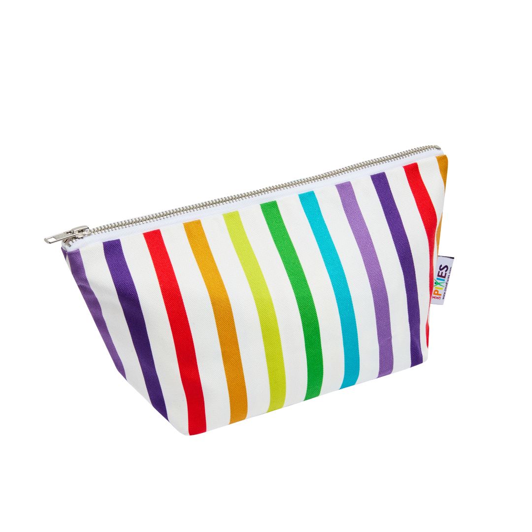 A zippered cosmetic pouch with vertical rainbow stripes on a white background.