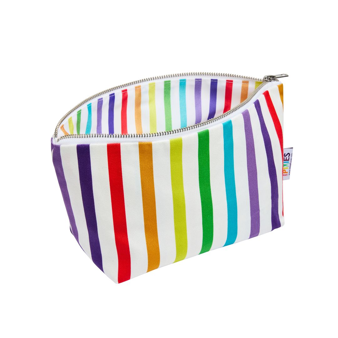 A zippered cosmetic pouch with vertical rainbow stripes on a white background.