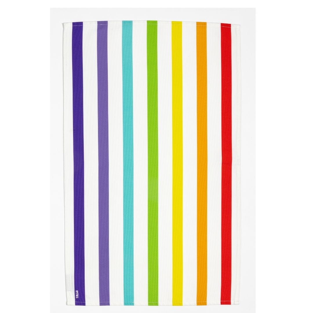tea Towel with colorful wide vertical rainbow stripes on a white background
